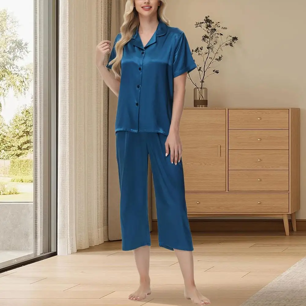 2 Pcs/Set Ice Silk Pajamas Lapel Button-down Long Sleeve Shirt Elastic Waist Wide Leg Cropped Trousers Homewear Casual Outfit Sp
