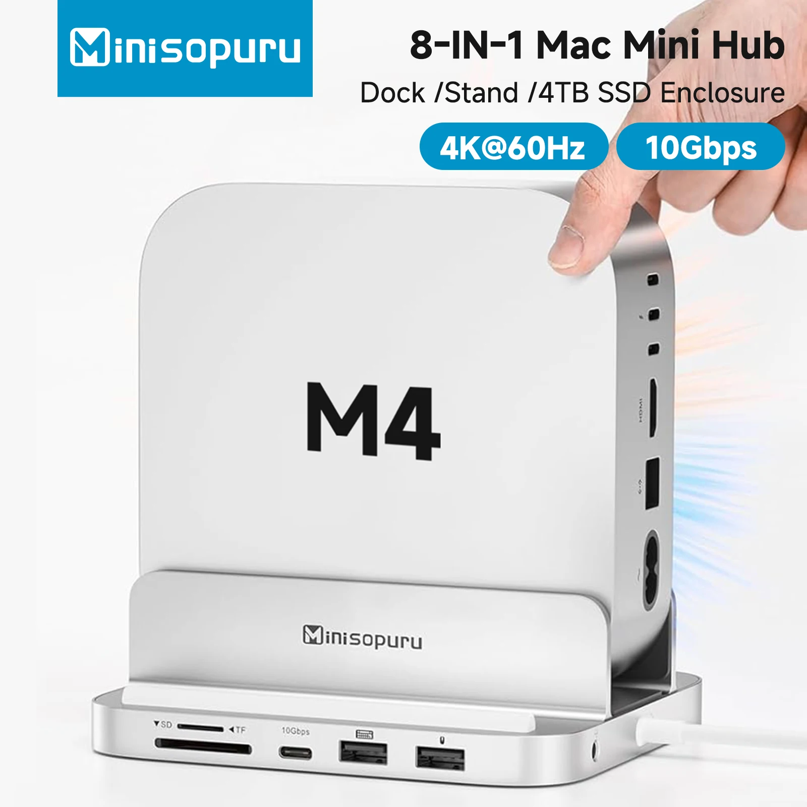

Minisopuru 8 in 1 Mac Mini M4 Dock Stand with M.2 NVMe SSD Enclosure 10Gbps USB C/A, TF/SD Mac Mini Hub for Mac Mini M4/M4 Pro