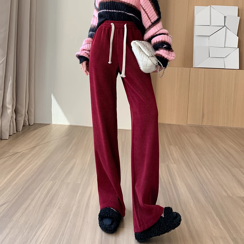 

New Autumn Winter Women Drawstring Slim High Waist Wide Leg Long Pants High Quality Thicken Chenille Trousers