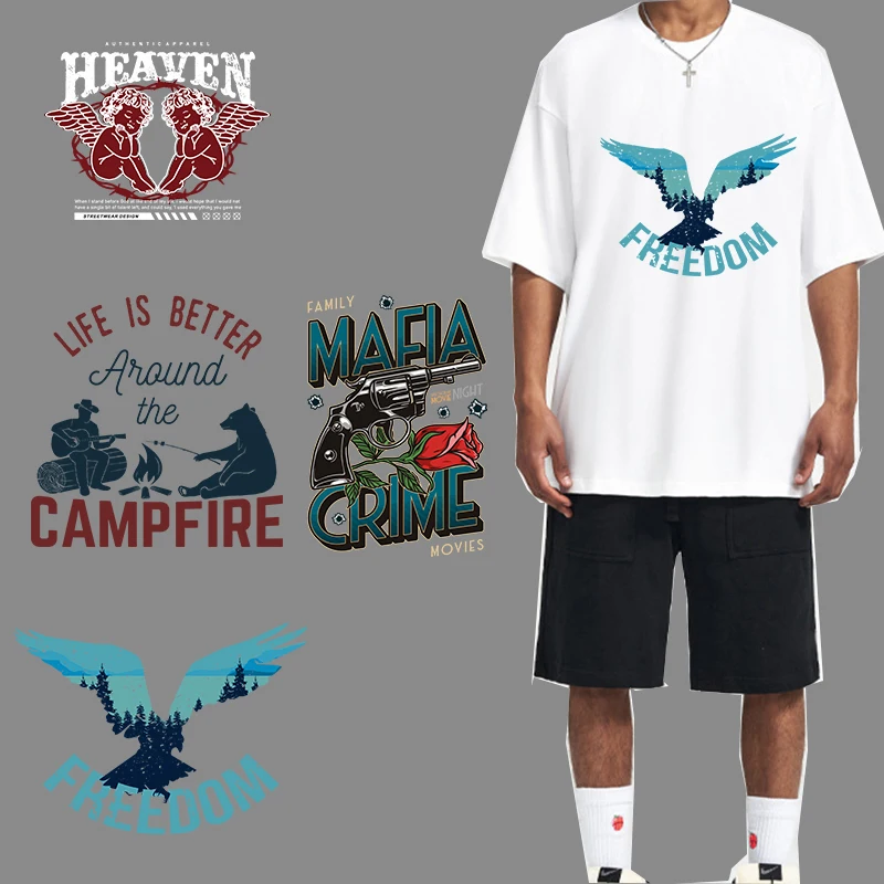 Punk Hip Hop men's T-shirt vest DIY decorative heat Transfer Eagle Angel Letters DTF vinyl-washed stickers