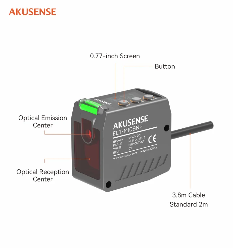AKUSENSE High Precision ELT-M10 TOF 0.05-2m Range NPN Output 1ms Smart Response Time Class 2 IP67 AGV Photoelectric Sensor