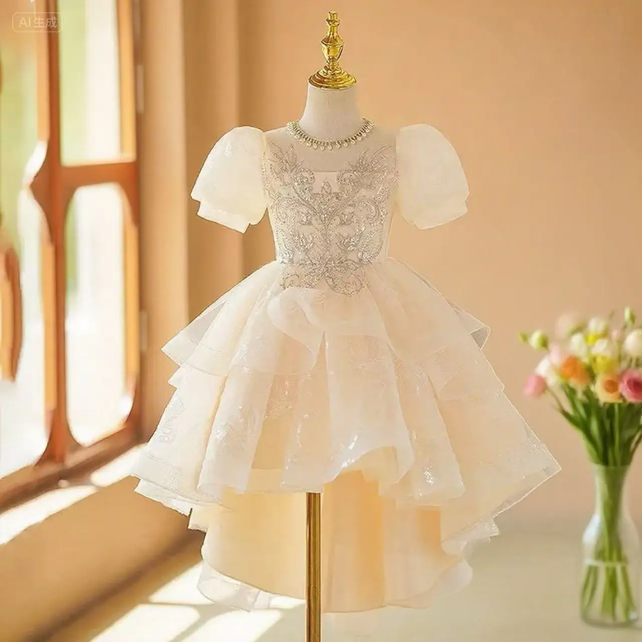 

2025 Luxury Fashion Girls Evening Dress Puff Sleeves Girl Dresses Sequined Round Neck Teenager Party Clothing Children Vestidos