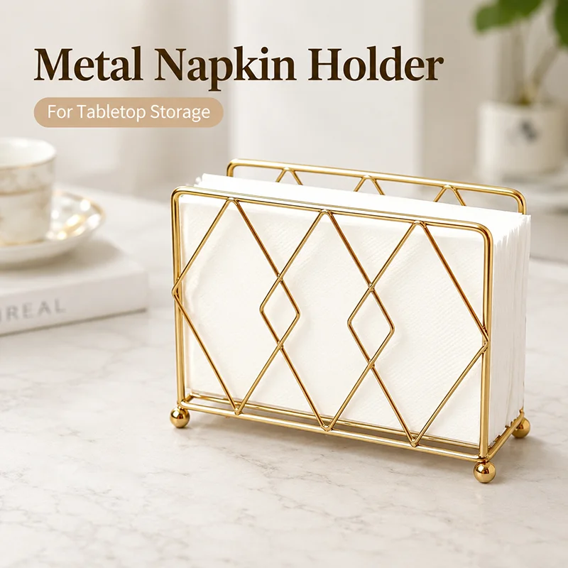 Gold Metal Napkin Holder Iron Desktop Tissue Rack Upright Paper Napkin Stand for Restaurant Cafe Hotel Dining Table Storage