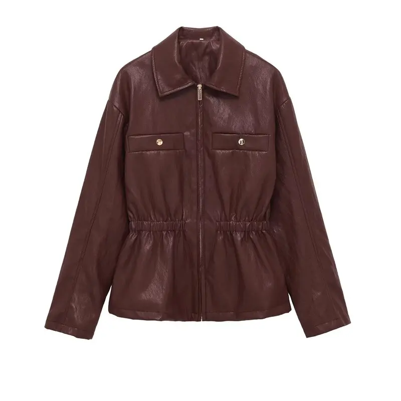 Colete de Couro Feminino Inverno 2025 com Zíper, Cintura Elástica, Manga Longa e Gola Reversível, Moda Externa Inovadora