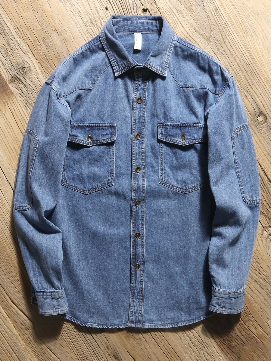 

Мужская джинсовая одежда American Sle irt, повседневная универсальная рабочая одежда, джинсовая одежда с тяжелой талией, смесь хлопка и полиэстера, длинная све, на пуговицах