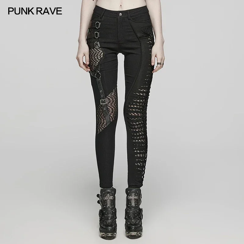 PUNK RAVE Women\'s Punk Recombined Asymmetric Pants Personality Irregular Slim Black Leggings Female Trousers Spring/Autumn