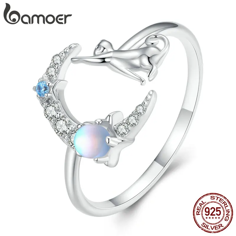 Bamoer-925 Anel Ajustável de Prata Esterlina para Mulheres, Abertura Animal Bonito, Gato e Lua Moonstone, Presente de Aniversário BSR315