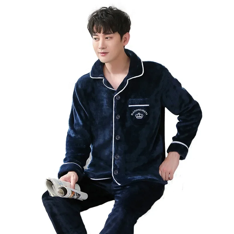Pijama de flanela grande masculino, cardigã espesso, manga comprida, além de veludo, quente, velo coral, Homewear