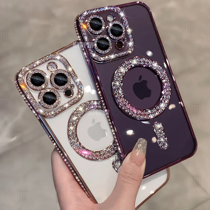 High-grade Glitter Rhinestones Phone Case For iPhone 16 15 11 12 13 14 Pro Max 16 Plus Magsafe Magnetic Clear Lens Protect Cover