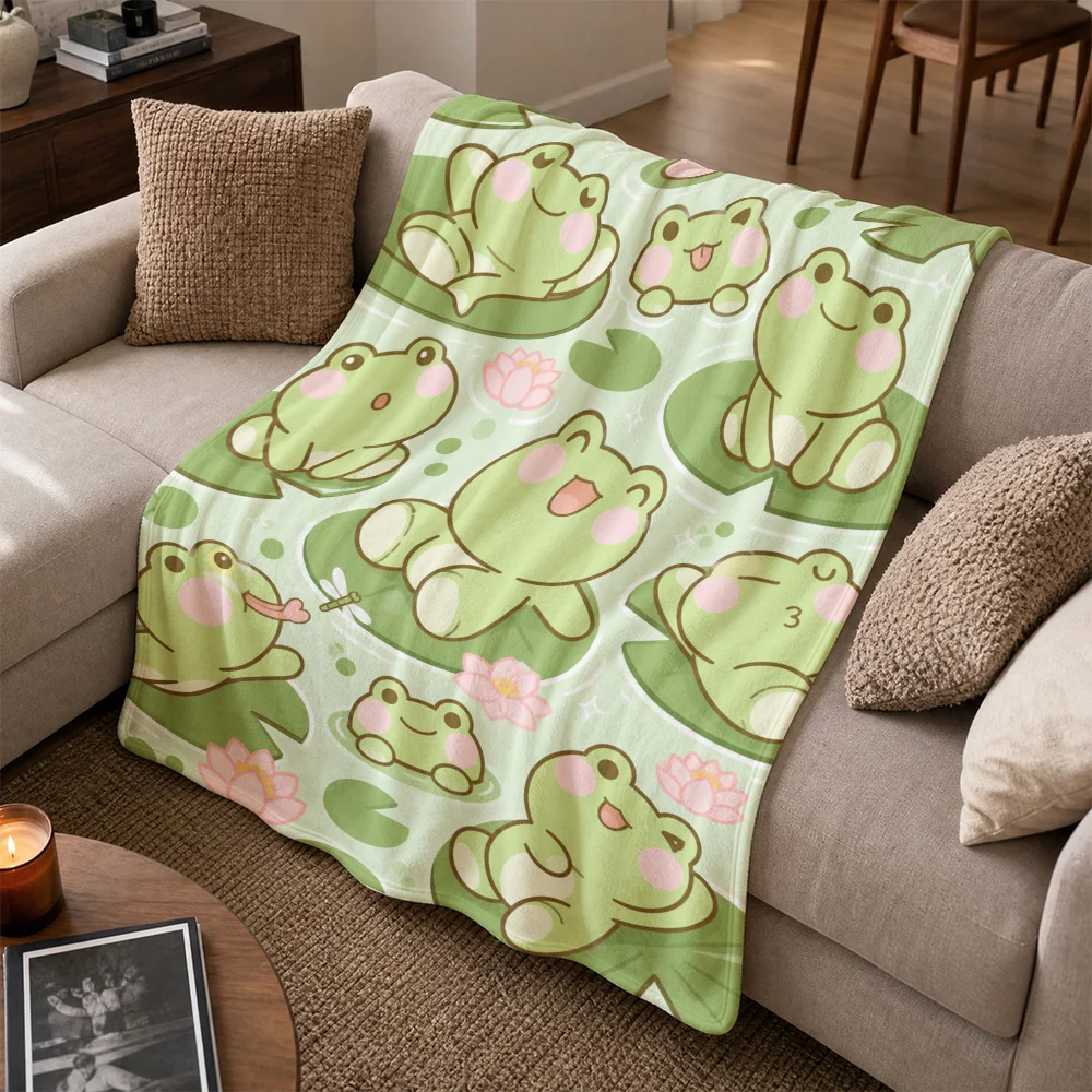 Adorable Cute Frog Lily Pad Print Throw Blanket for Sofa Couch Living Room Home Decor Seasonal Cozy Plush Bed Throw Cover