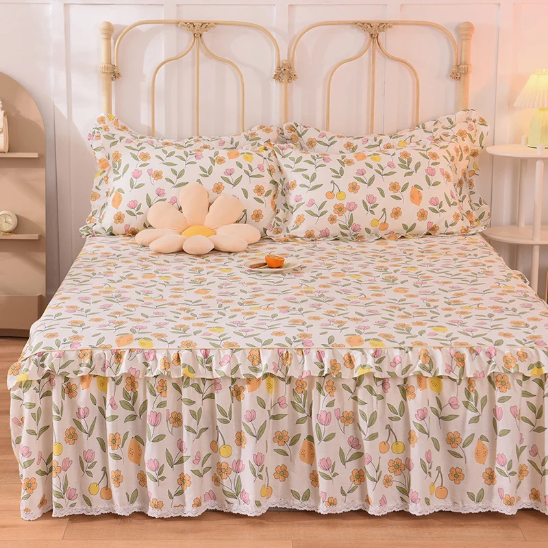 Hoiime Cotton Bedding Ruffled Bed Skirt Print Bed Sheets Soft Comfortable Wrap Around Mattress Cover Full Twin Queen King Size