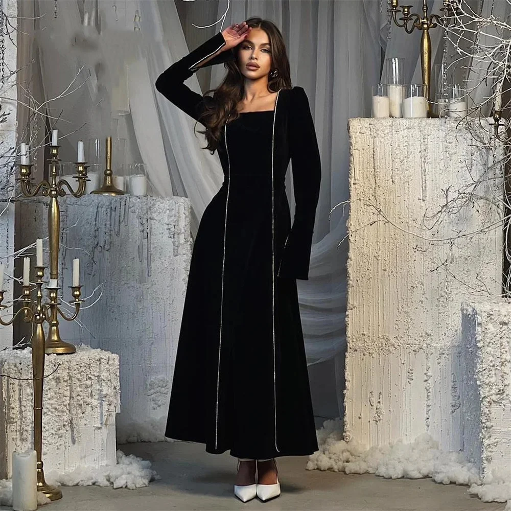 2024 New Elegant Evening Prom Dresses Square Collar Neckline Long Sleeves Evening Fashion Party Dress For Women vestido de noche