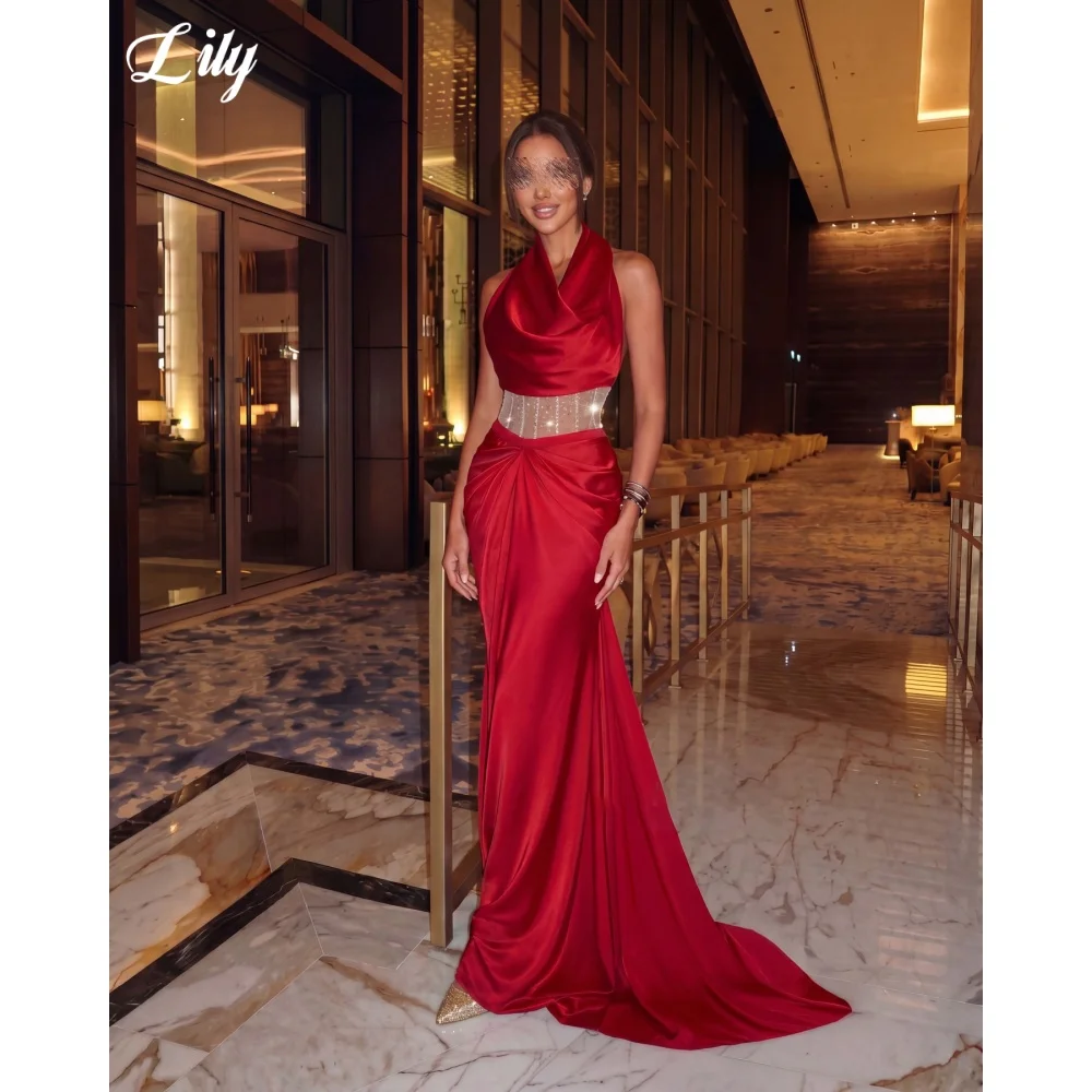 Lily Red Satin Halter Prom Dress Cutout Rhinestone Mesh Waist Evening Dress Ruched Mermaid Long Train Party Dresses Customized
