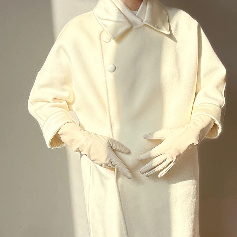 50cm New Genuine Leather White Women's High Grade Party Mittens Sheepskin Lady Winter Velvet long Gloves Creamy Ivory Snow White