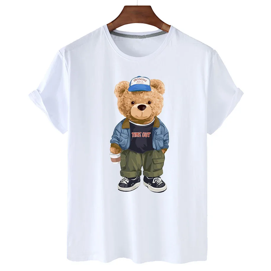 

100% Cotton Casual Bear Print T-shirt Women's Summer Short Sleeve T-shirt 2022 Women's Fashion Shirt Unisex O-neck T-shirt S-4XL