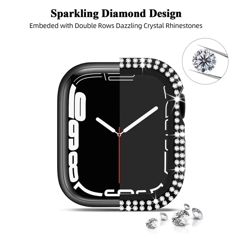 Diamond-set tempered case For Apple watch 40mm 41mm 42mm 44mm 45mm All-round drop protection shell For iwatch 9 8 7 6 5 4 3 2 SE