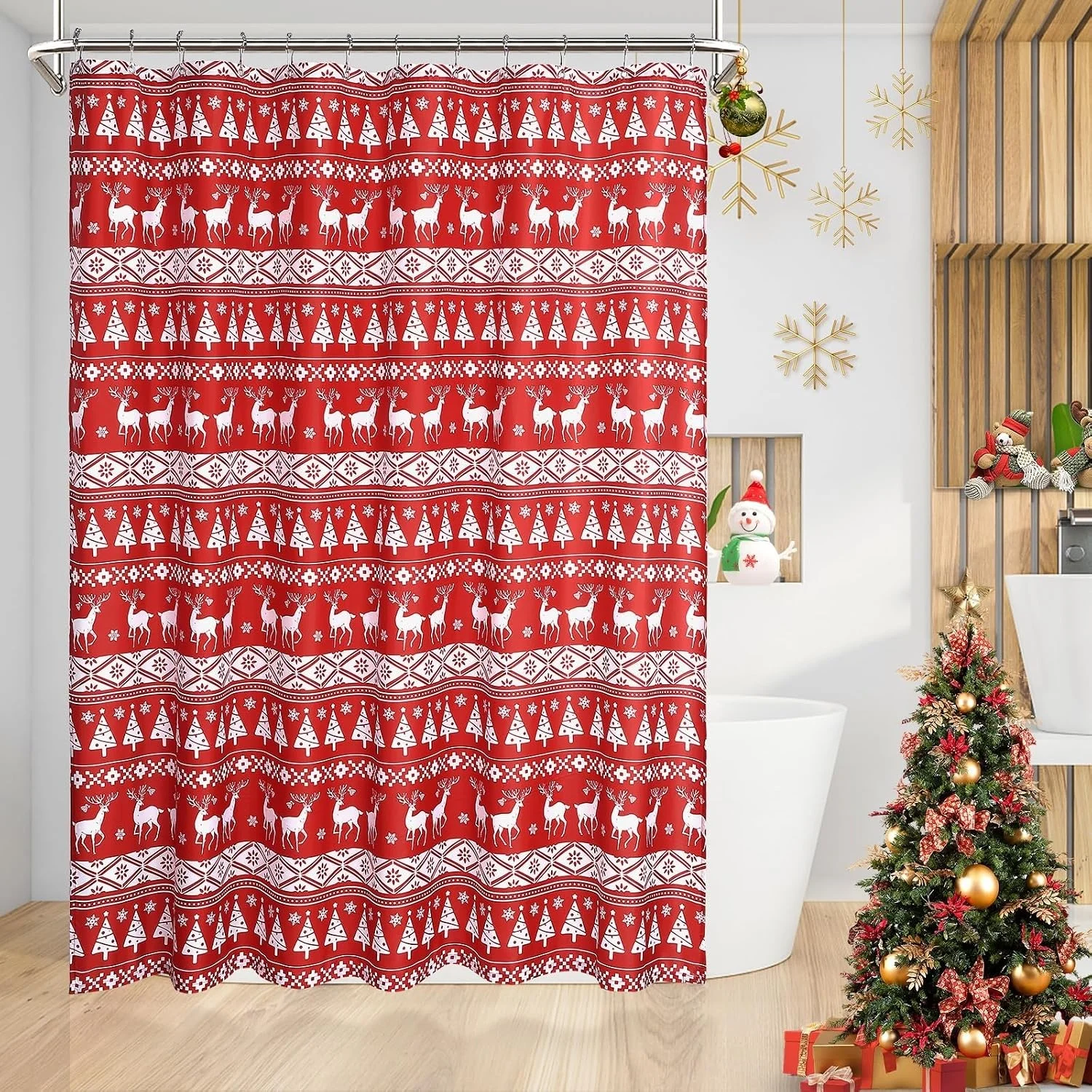 Duschvorhang wasserdicht – Oxford-Polyester mit festlichem Weihnachts-Boho-Muster, ideal für die Badezimmer-Deko