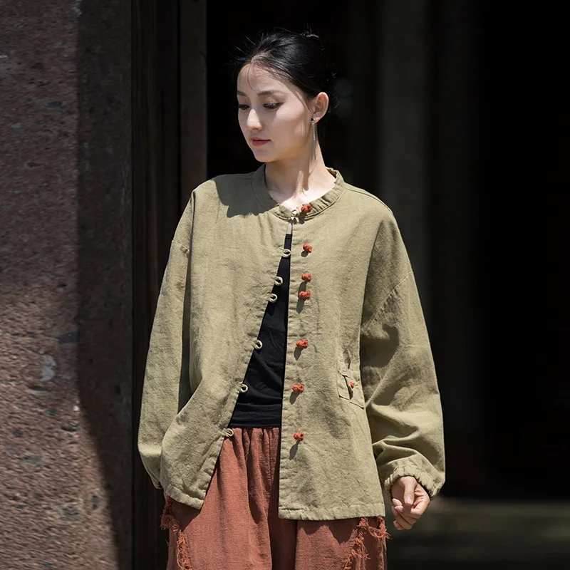 

Bohemian Color-Block Coat: Vintage-inspired ramie shirt with an artistic front frog-button closure.