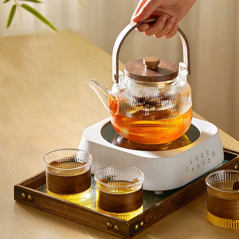 GIANXI Wooden Handle Teapot Wooden Lid Glass Teapot Chinese Kung Fu Tea Set Steam Teapot Transparent Flower Tea Cup Tray Tea Set