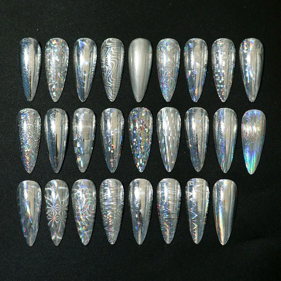 26 Stück Laser-Holographische Nagelfolien Aurora Irisierend Geometrische Streifen Transferaufkleber Metallspiegel Y2K Maniküre-Aufkleber – Detail 8