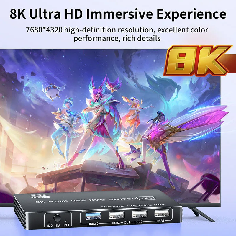 HDMI KVM Switch 4K 120Hz with USB 3.0 Dual Port 8K HDMI 2.1 USB KVM Switch Hub Box HDMI 2.1 Switcher for PC laptop HDMI USB