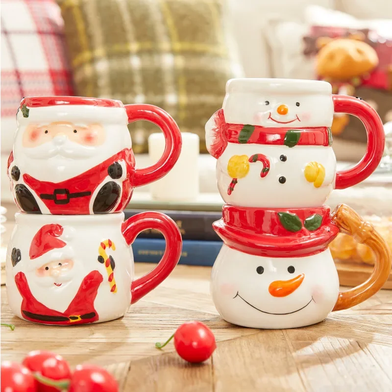 Tasse à thé bonhomme de neige du père noël peinte à la main, tasse à café en céramique pour le bureau et les cadeaux de noël, verres décoratifs élégants