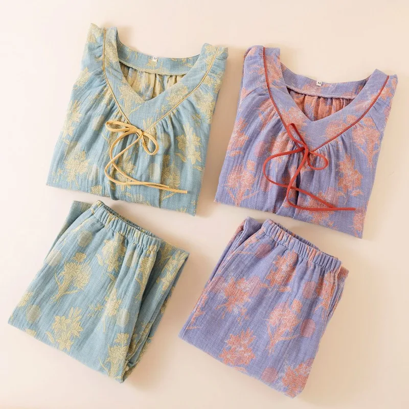 

Women's 2025 National Style Pajamas Set Pure Cotton Double-layer Gauze Nine-point Sleeve Thin Spring Trousers Loungewear 2 Piece
