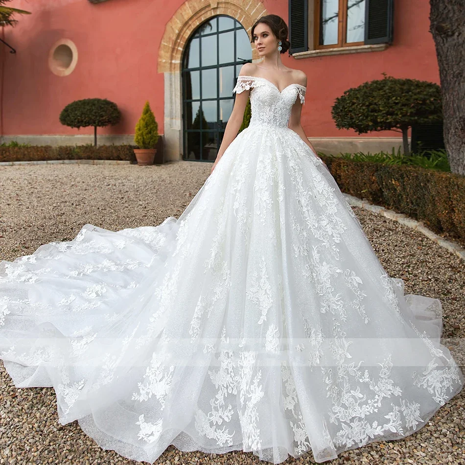 

Luxury Off Shoulder Women's Wedding Dress Sweetheart Lace Decal Cathedral Wedding Dress A-line Bride Dress Customization