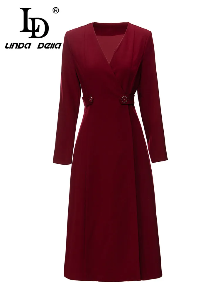 LD LINDA DELLA New Style Fashion Designer Elegant Party Dress Women's Wine red High Waist Button Slim Fit Dress