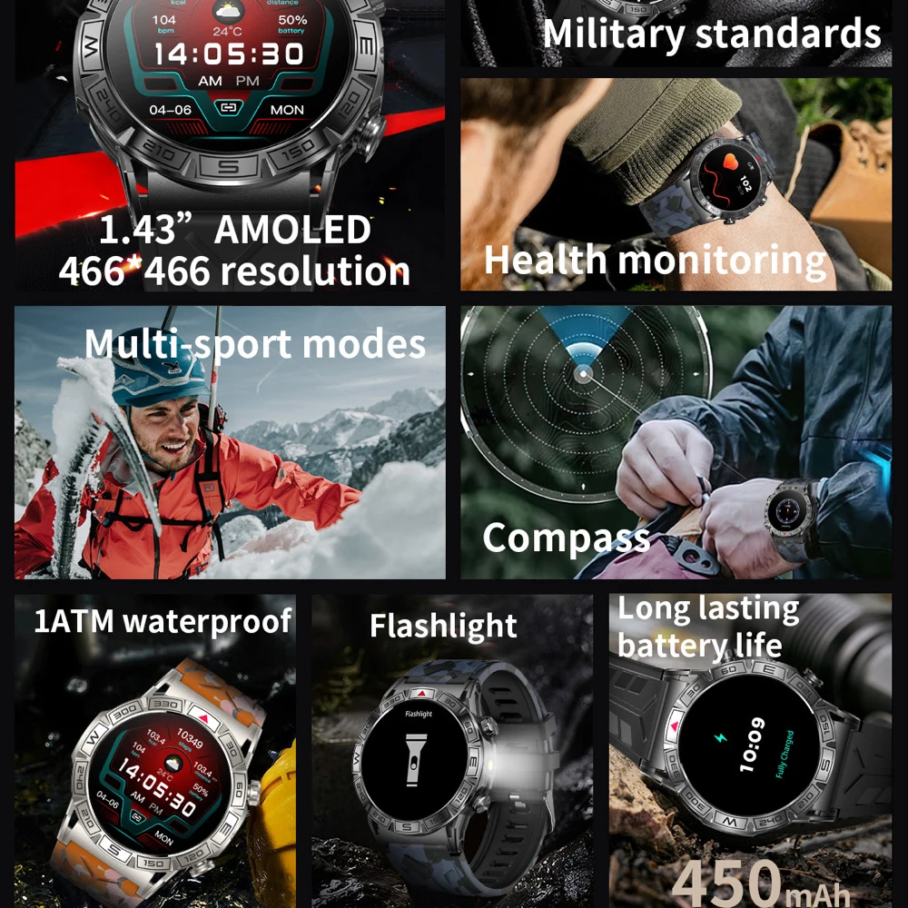 مكالمات بلوتوث ساعة ذكية مصباح يدوي مقاوم للماء Smartwatch الرجال البوصلة مراقبة الصحة 1.43 'شاشة البوصلة الرياضة اللياقة البدنية