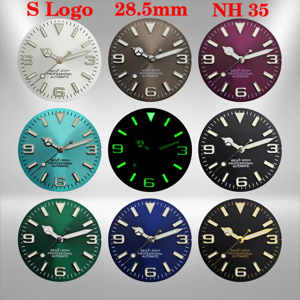 

28.5mm S logo 369 nail explosion-proof dial, green luminous dial, suitable for NH35 movement watch modification accessories