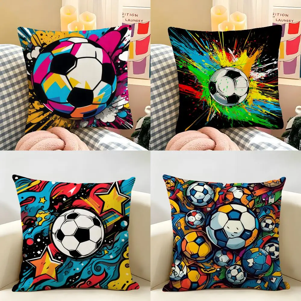New Football Print Art Cushion Cover Natural Linen Organic Fabric Double-Sided Printing Room Sofa Decor Pillow Case