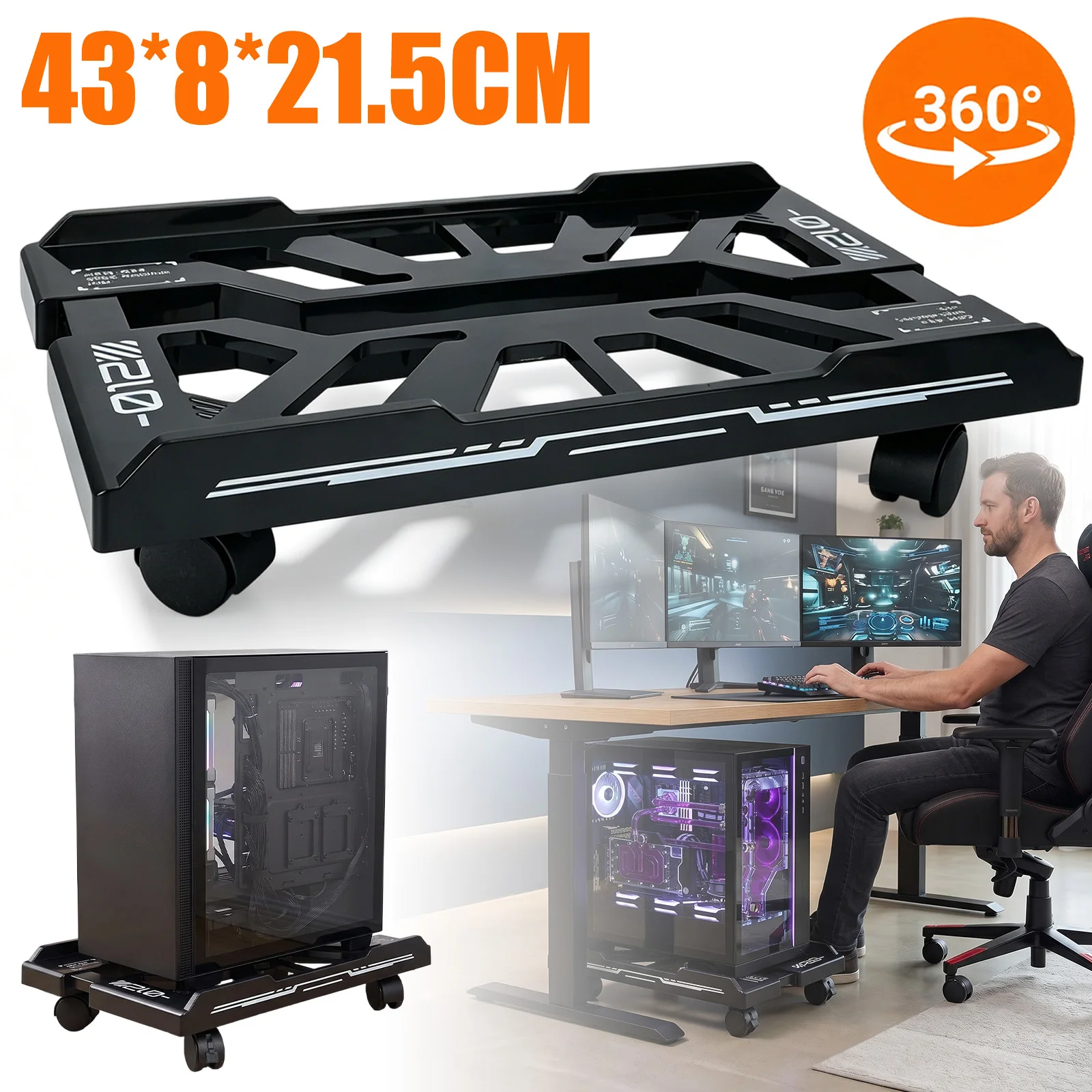360 °   Support d'ordinateur à roulettes pivotantes, base d'ordinateur mobile durable, support portable, adapté pour une utilisation dans les bureaux, les salles de jeux et les salles de serveurs.
