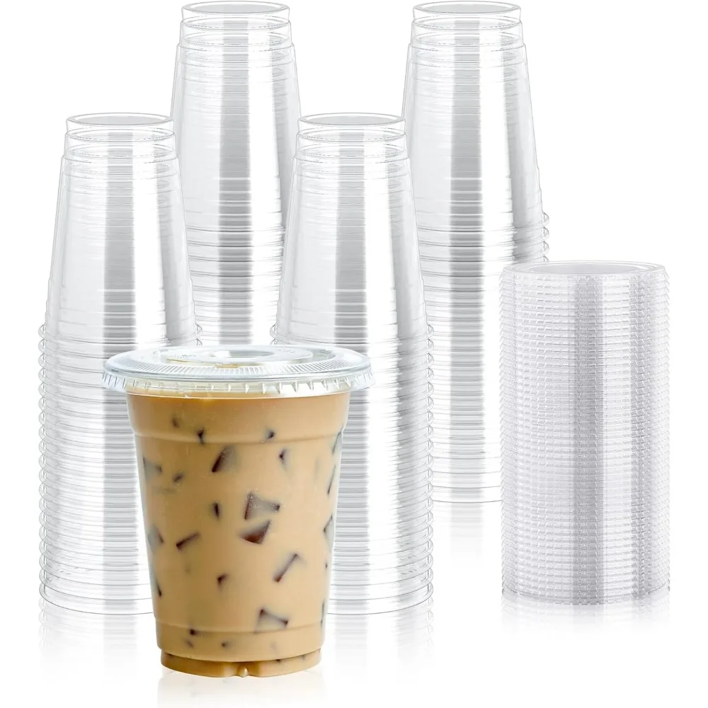 

100 Clear 12oz Disposable Cups with Flat Lids for Iced Coffee Smoothies Cold Drinks