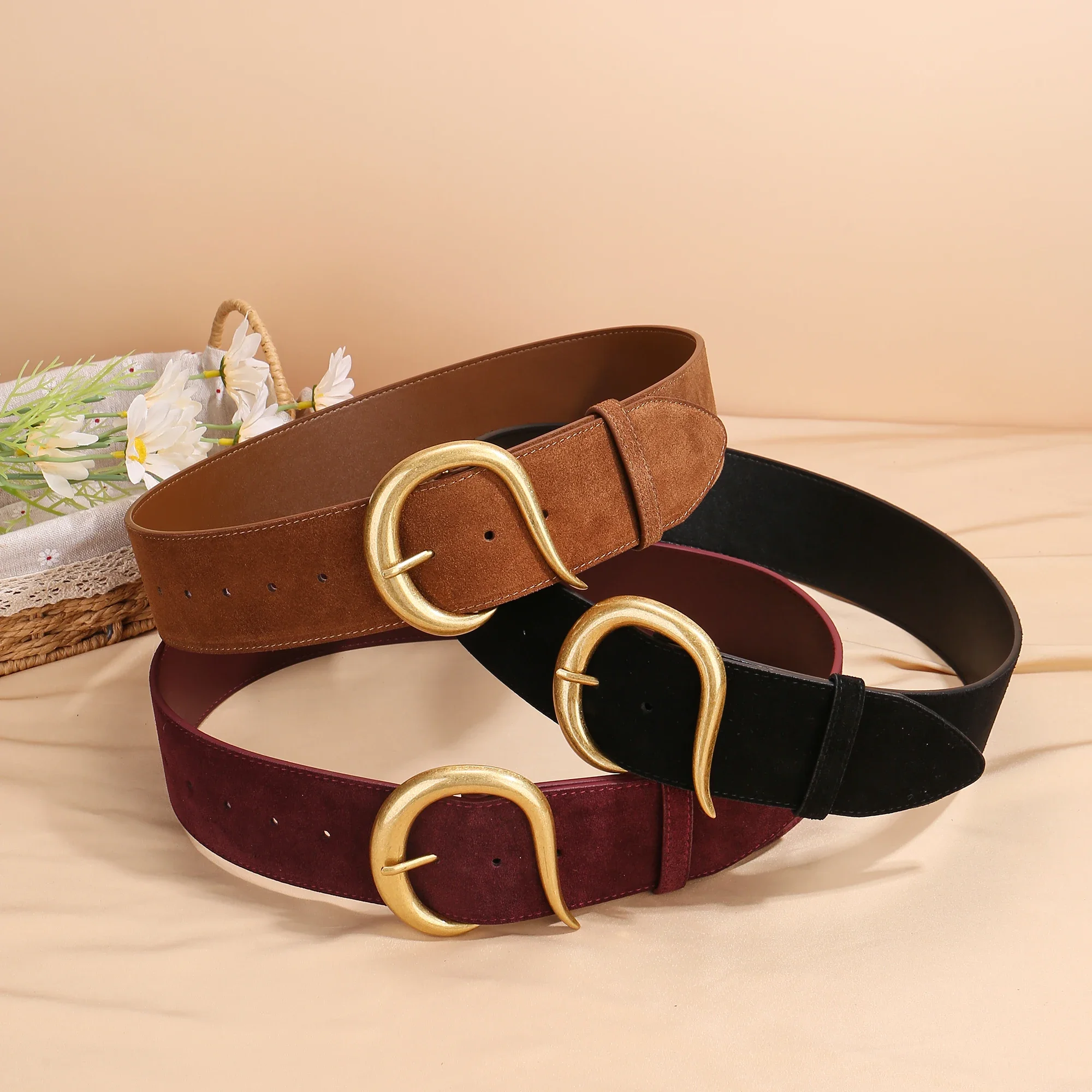 Fashion Wide Genuine Leather Women Belt Design Suede Cowhide Dress Waistbands Simple Width Belt Vintage Gold Buckle Belts