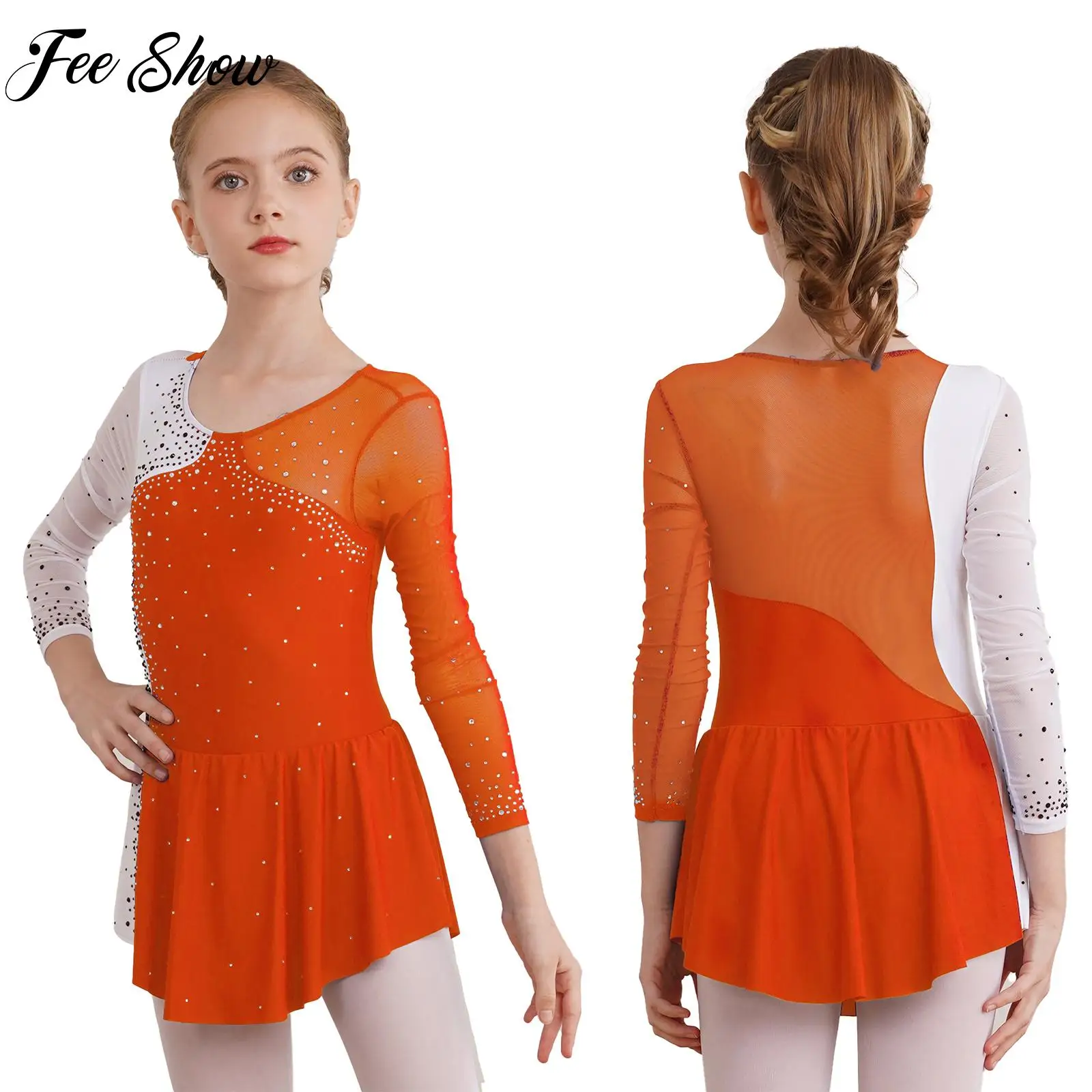 

Figure Skating Dance Dress for Children Girls Stylish Lyrical Modern Gymnastics Exercise Performance Costume Long Sleeve Leotard