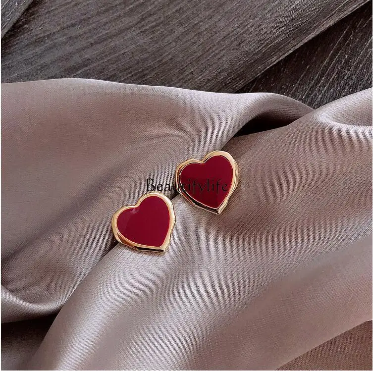 

Red peach heart small stud earrings 925 silver temperament women's simple earrings