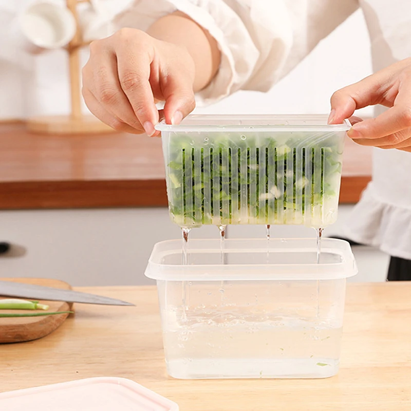 Double Drainer Onion Crisper Refrigerator Storage Drainer Basket Meat Onion Ginger Transparent Crisper With Lid