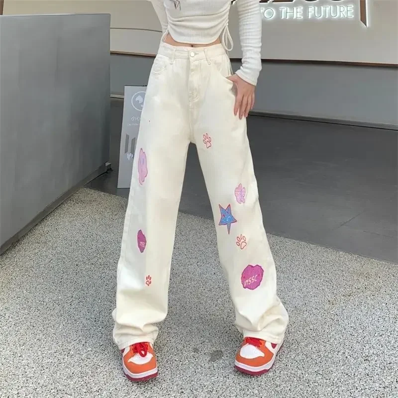 

Милые вышивки Y2K, эстетические милые винтажные джинсы в стиле гранж, джинсовые брюки с высокой талией, женские джинсы 90-х годов, брюки-карго Pantalon Mujer