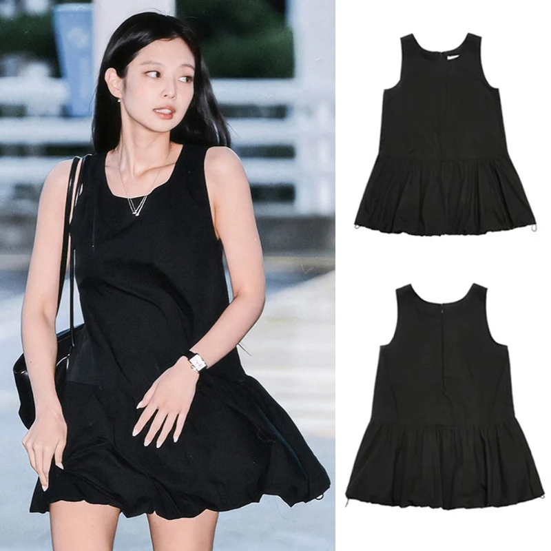 

2023 Fashion Korean Singer Idol Clothing Black Sleeveless Dress Summer Music Festival Party Dress Women Y2K Rave Clothes JL5729