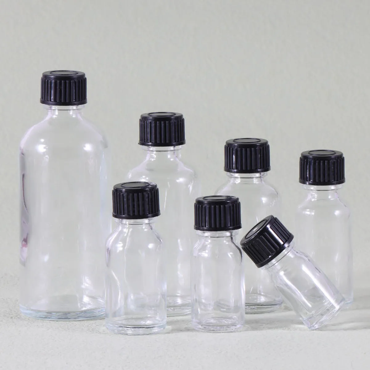 5/10/15/20/30/50/100ml Clear  Dram Glass Bottle with Screw Cone Caps with Cone liner polycone Black / White cap