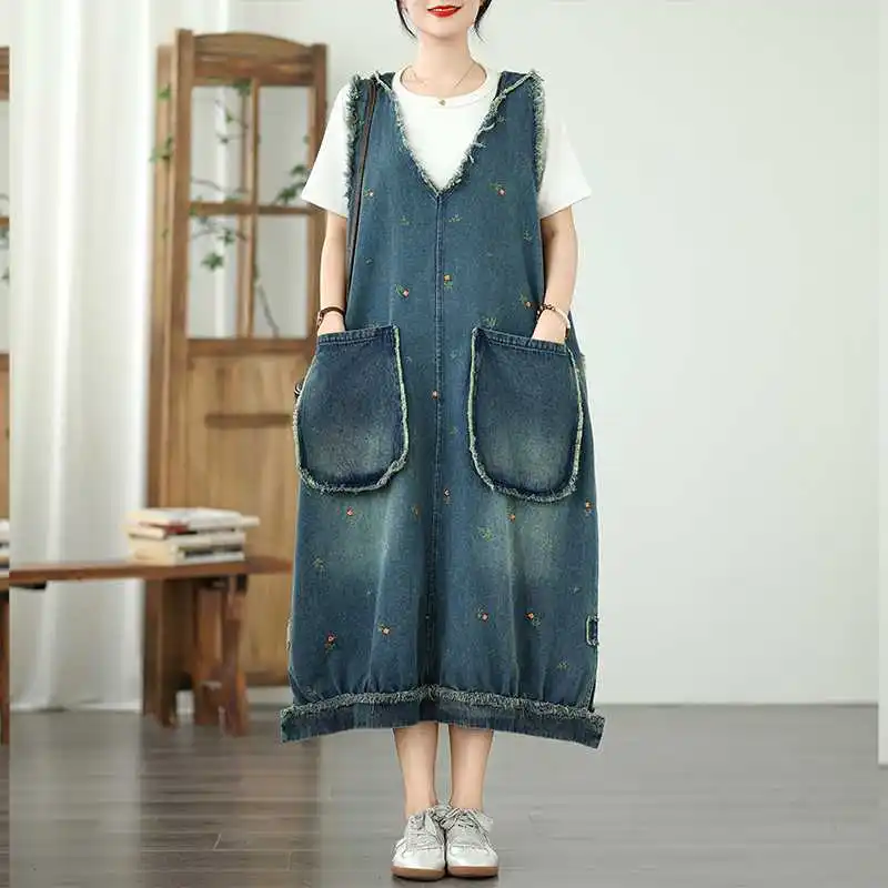 2025 nuevo vestido de chaleco de mezclilla suelto informal con capucha y cuello en V bordado con bolsillo grande para mujer de verano
