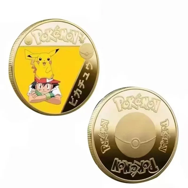 New Gold Pokemon Coin Metal Set Mewtwo Pikachu Anime Card Pikachu Commemorative Medallion Collectible Pokeball Christmas Gift