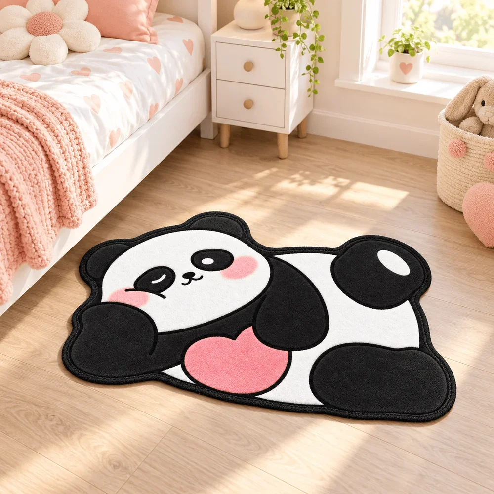 Cute Panda Shaped Area Rug Soft Flannel Non Slip Floor Mat For Kids Bedroom Nursery Playroom Living Room Home Decor Gift