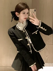 Zoki Japan Sweet Women Tweed Jacket Elegant Buttons Cropped Coat Casual O Neck All Match Female Long Sleeve Vintage Outwear New