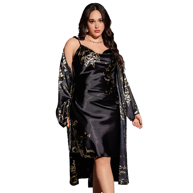 Plus Size Printed Solid color  Home Wear Bathroom Thin Outerwear Long Style Sleepwear Lace Up Nightgown Two-piece Set for Women
