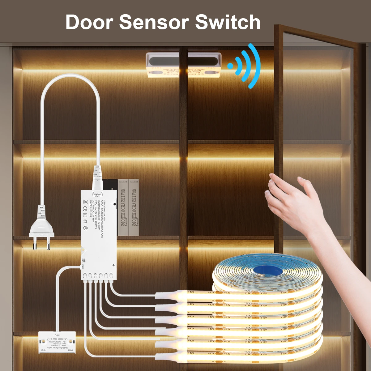 COB LED Strip Cabinet Light Smart Double Door Sensor Switch Wardrobe lights for Collection Display Bookcase Closet Decor 12V