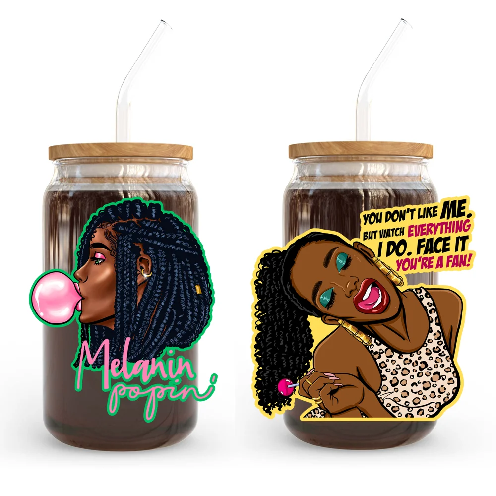 

Melanin Afro Girl Woman Decals UV DTF Transfers Stickers For Libbey Cold Cups Mugs Tumbler Waterproof