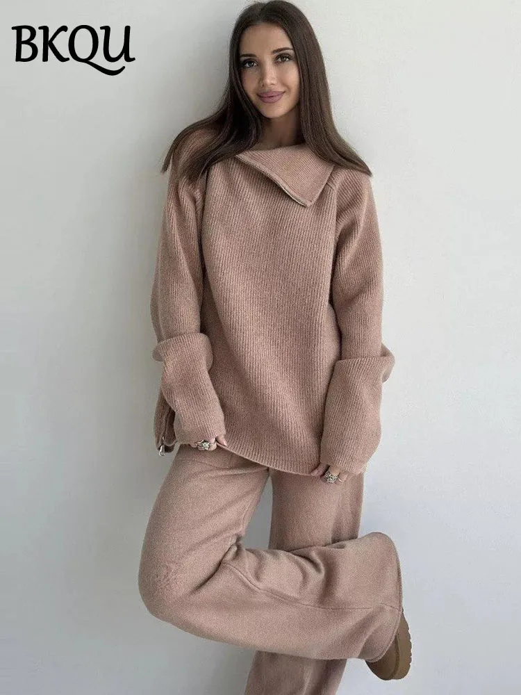 BKQU Dolcevita Maglione con cerniera Pantaloni lavorati a maglia Set da due pezzi Donna Autunno Inverno Casual Pullover caldo Tute elastiche a gamba larga