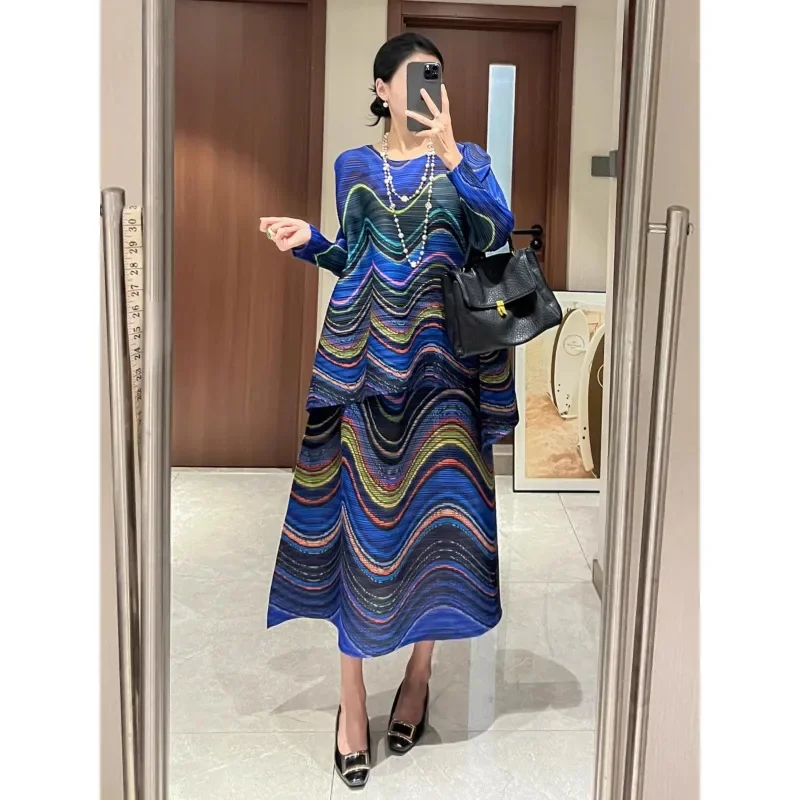 Miyake Wave Pattern Pleated Top Rainbow Color Clash Fashion Temperament Women's Loose Top + Half Skirt